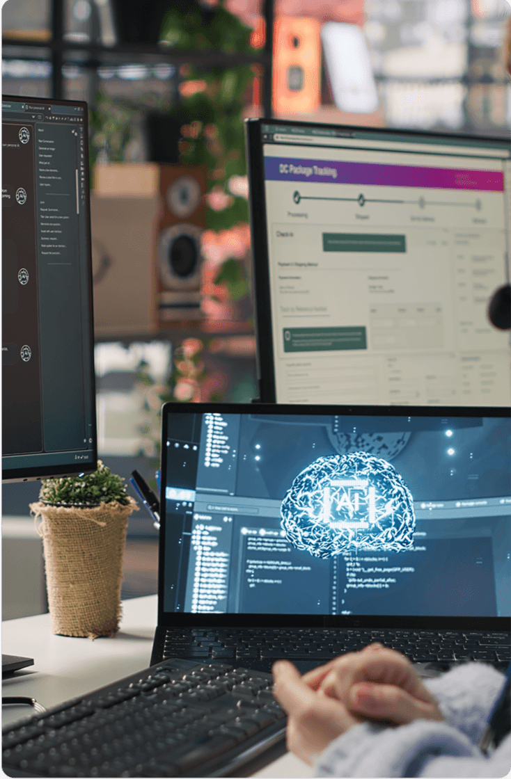 Engineer monitoring data and AI systems in a server room